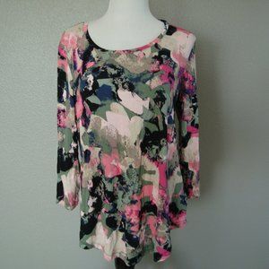 JM Collection 3/4 Sleeves Tunic like Top Pink Green Multicolor sz S